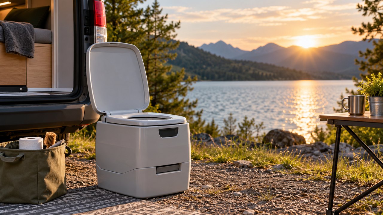Trenntoilette beim Camping neben einem Camper