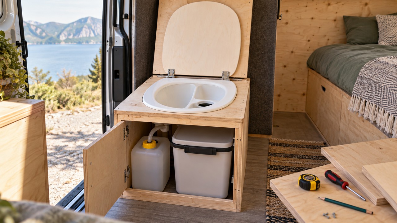 Selbstgebaute Trenntoilette im Camper
